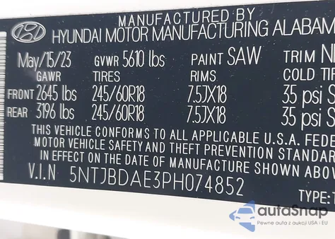 2023 Hyundai Santa Cruz Sel z USA, uszkodzony, nr VIN 5NTJBDAE3PH074852